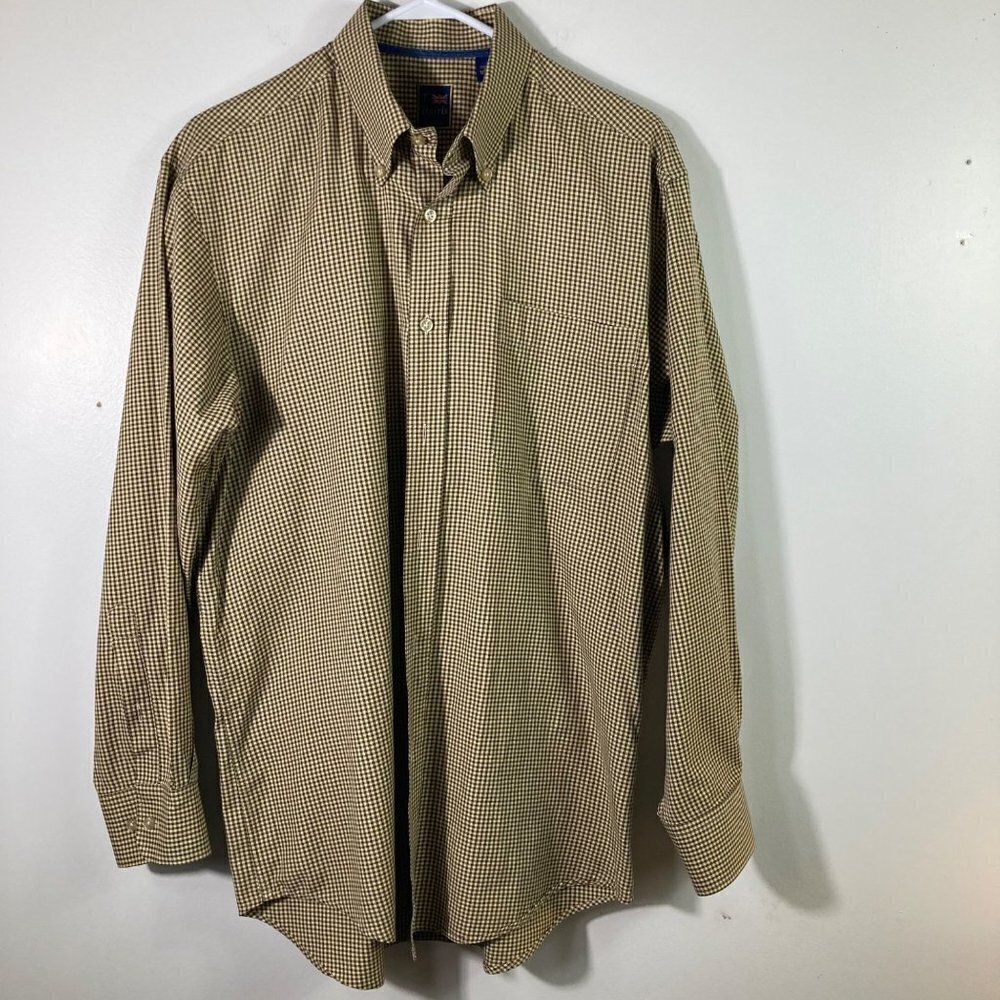 Mens T Harris London Long‎ Sleeve Button Shirt Black Tan Checked Cotton L